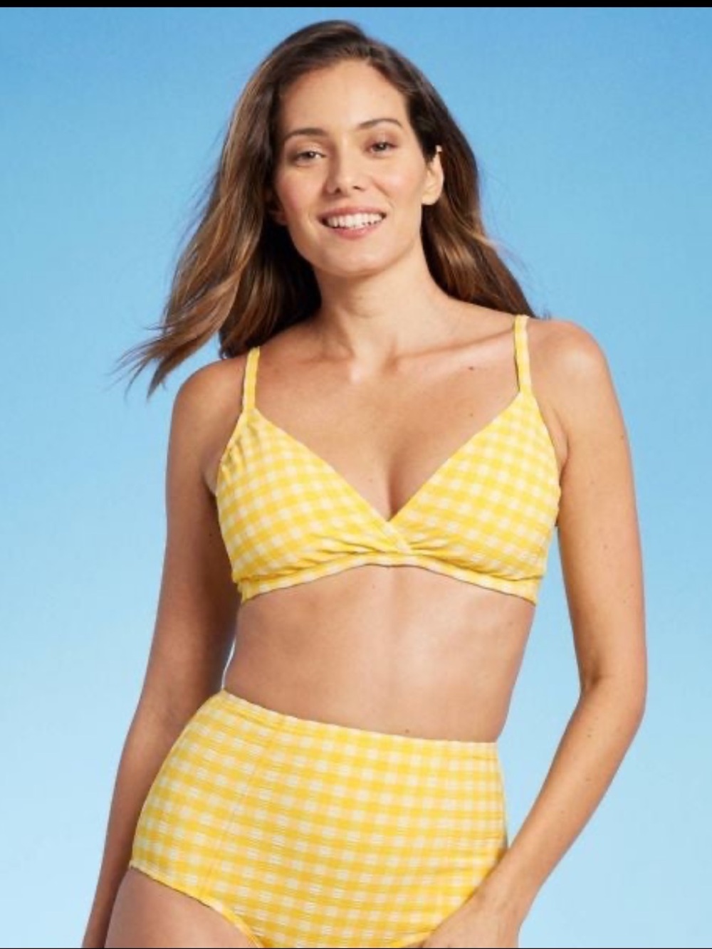 Kona Sol Yellow Gingham Textured Triangle Bikini Set | Size Large